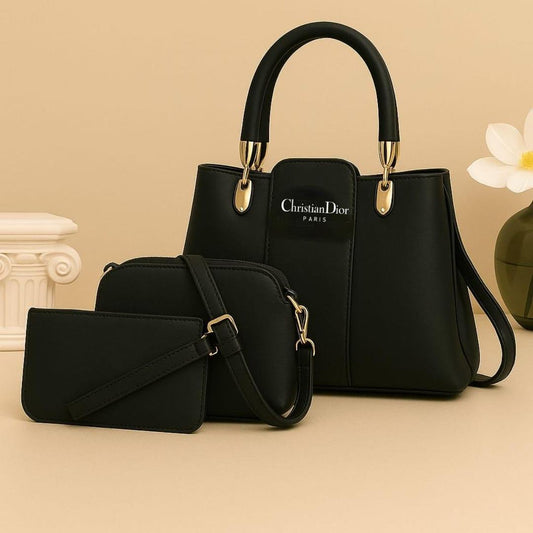 Stylish Women's PU Leather Hand Bag Set - 3 Pcs in Black