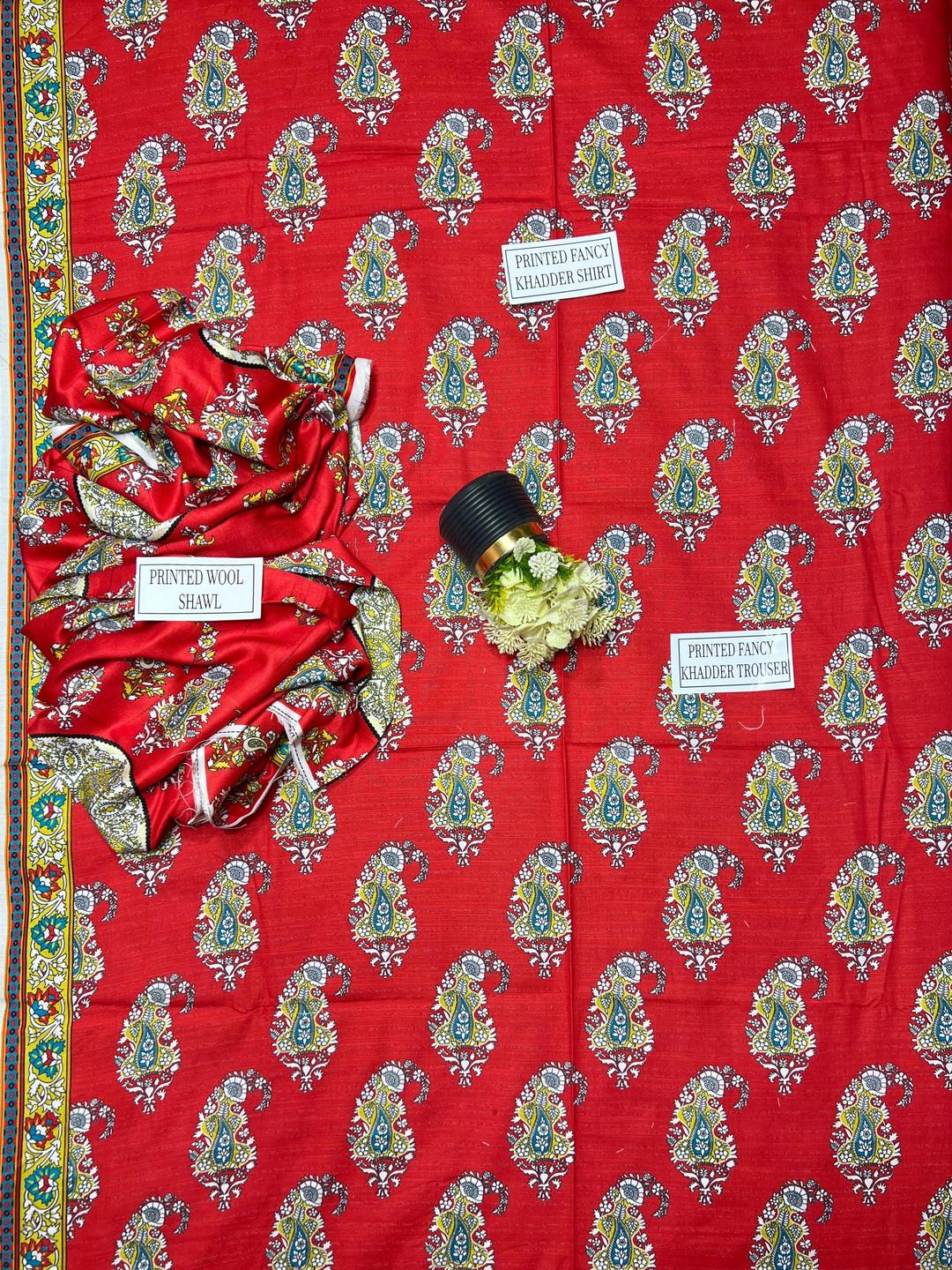 3 Pcs Women's Unstitched Khaddar Printed Suit