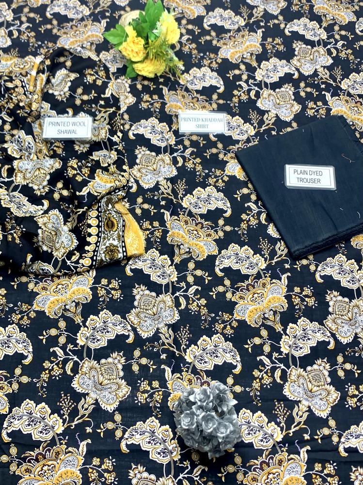 3 Pcs Women's Unstitched Khaddar Printed Suit