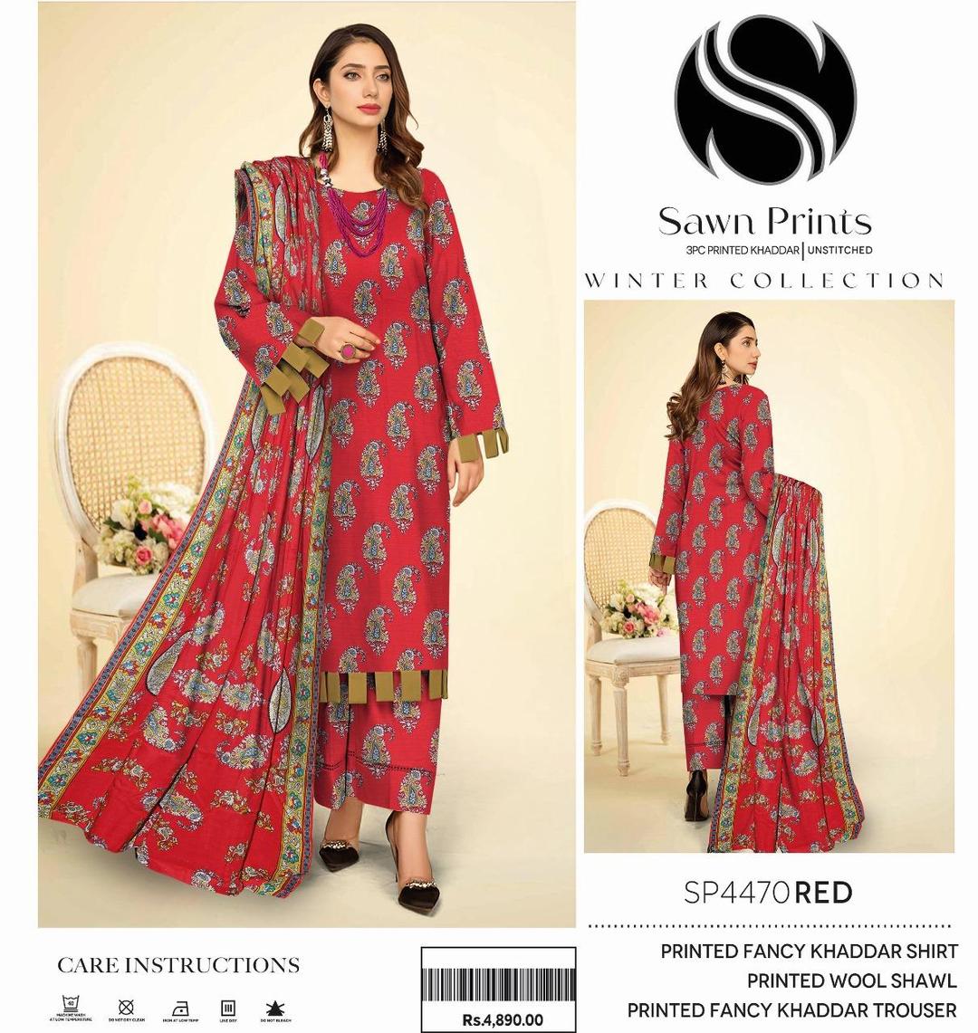 3 Pcs Women's Unstitched Khaddar Printed Suit