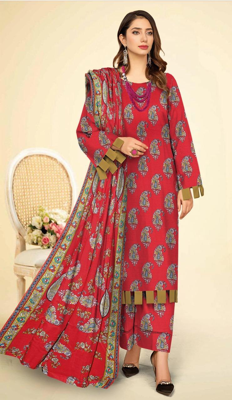 3 Pcs Women's Unstitched Khaddar Printed Suit
