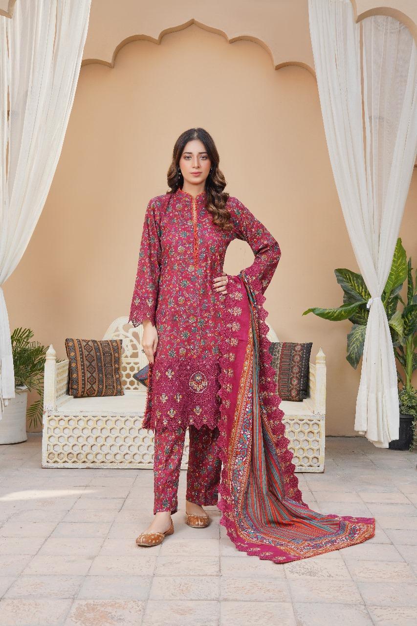 Maroon Embroidered Khaddar Suit - 3 Pcs Featuring Cut Work and Printed Design