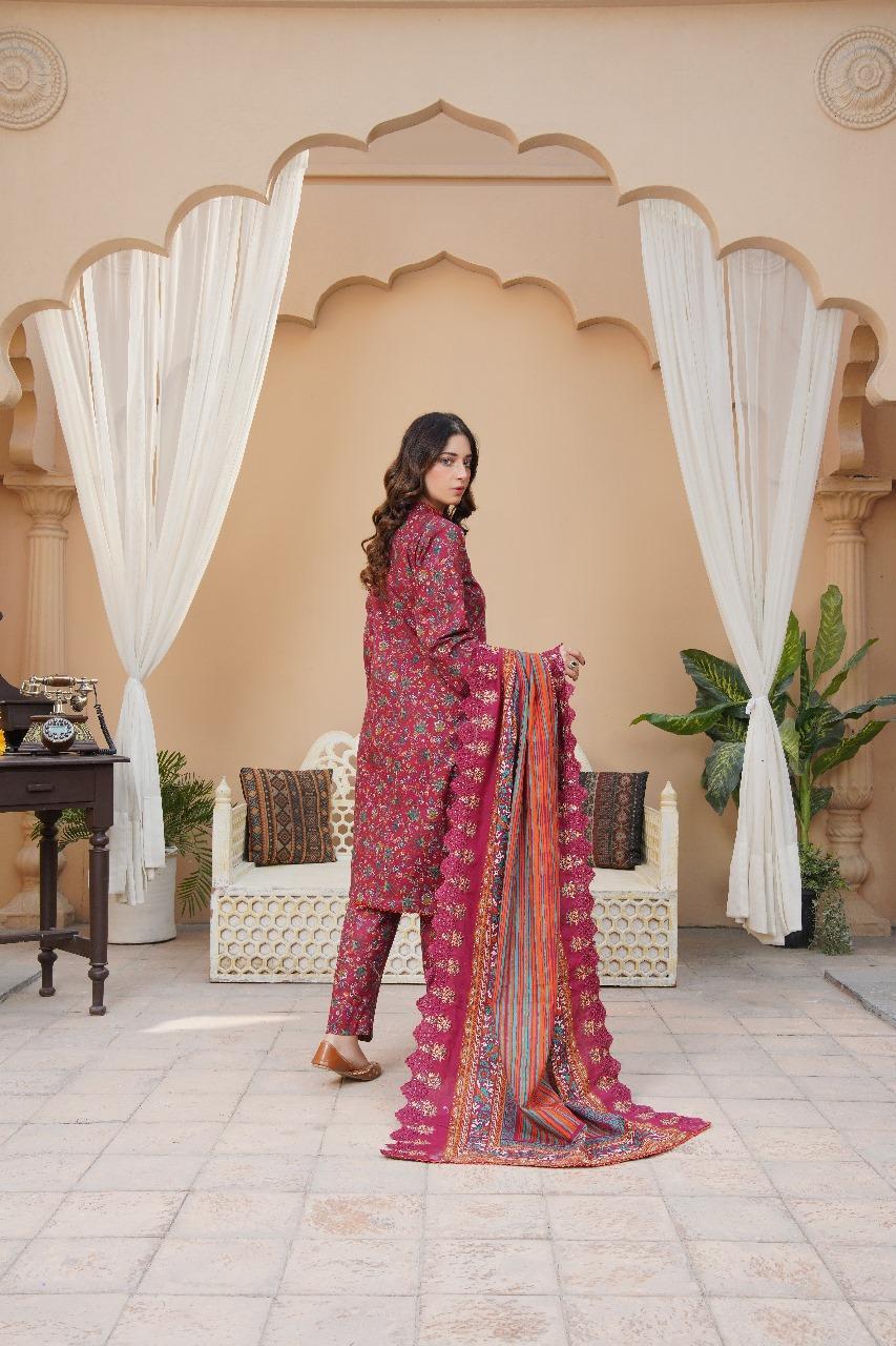 Maroon Embroidered Khaddar Suit - 3 Pcs Featuring Cut Work and Printed Design