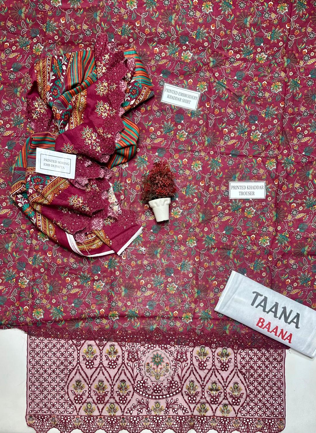 Maroon Embroidered Khaddar Suit - 3 Pcs Featuring Cut Work and Printed Design