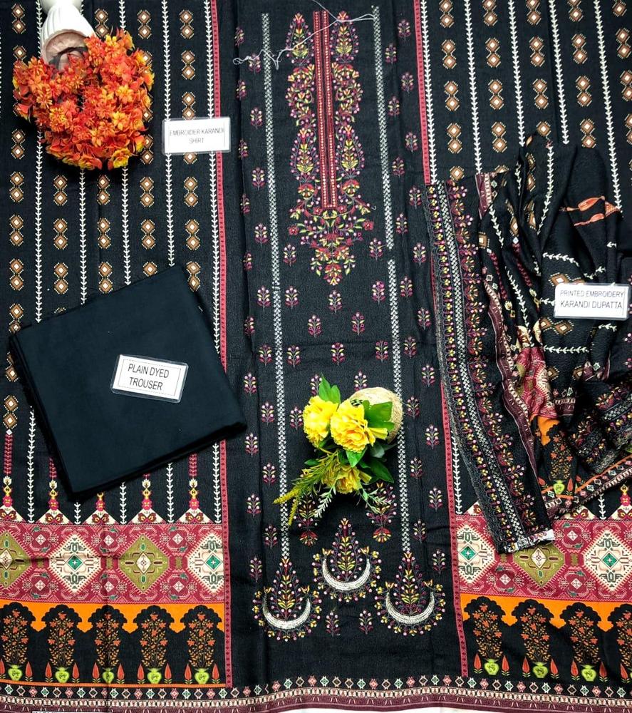 3 Pcs Women's Unstitched Karandi Printed Suit