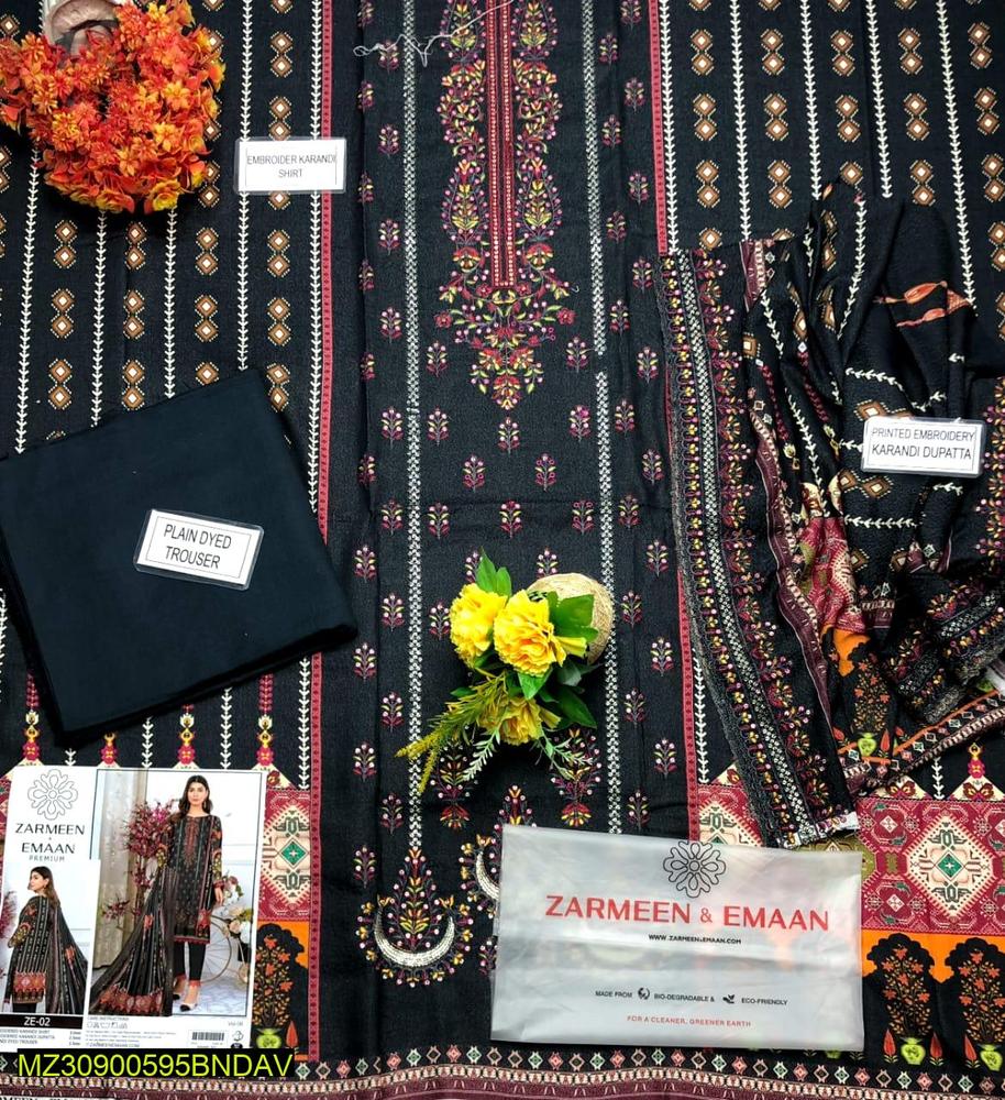 3 Pcs Women's Unstitched Karandi Printed Suit