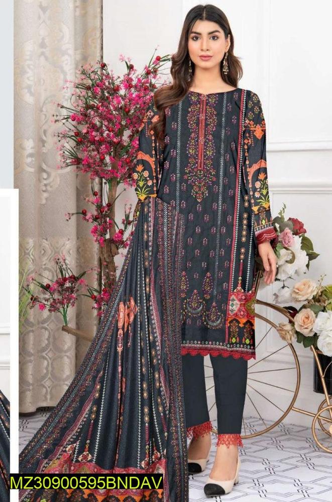 3 Pcs Women's Unstitched Karandi Printed Suit