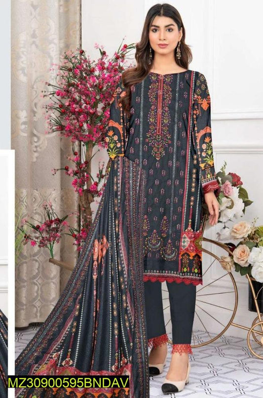 3 Pcs Women's Unstitched Karandi Printed Suit