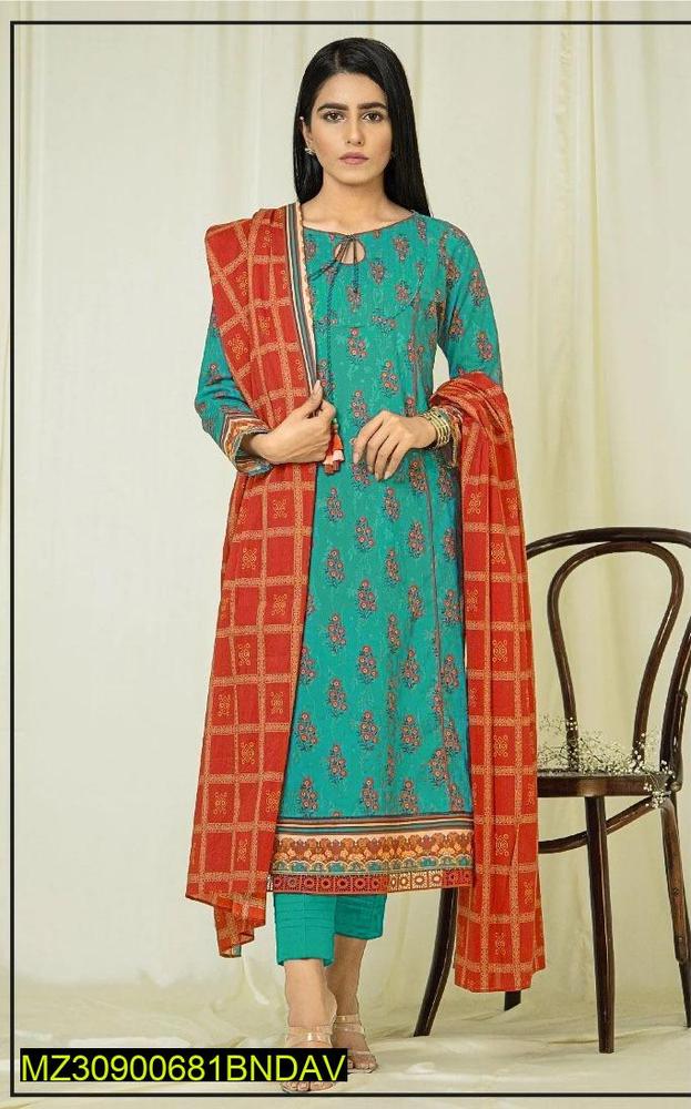 3 Pcs Women's Unstitched Khaddar Printed Suit